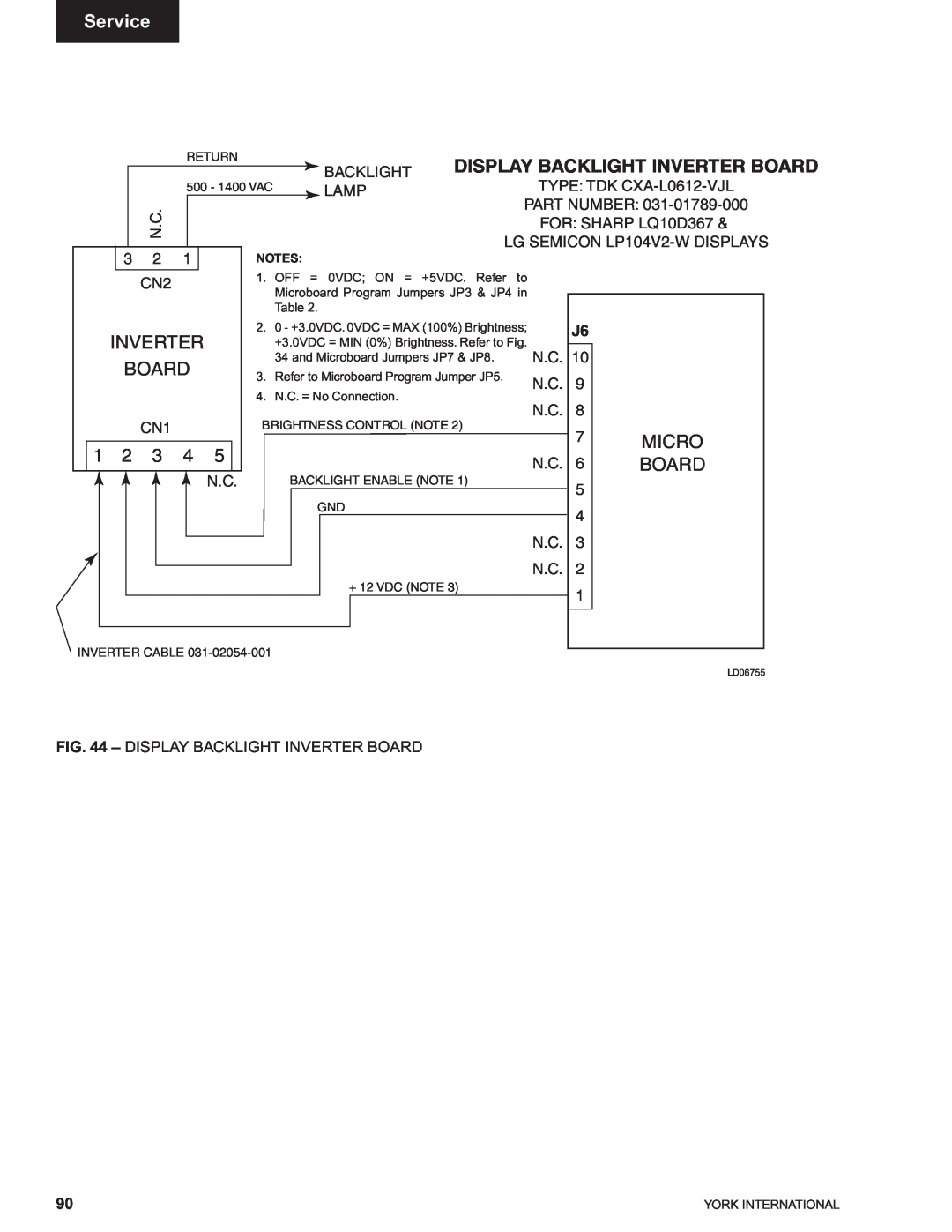 York 00497VIP manual Micro, Service, Display Backlight Inverter Board 