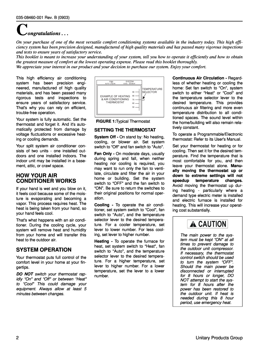 York 035-08460-001 owner manual How Your Air Conditioner Works, System Operation, Setting The Thermostat, Congratulations 