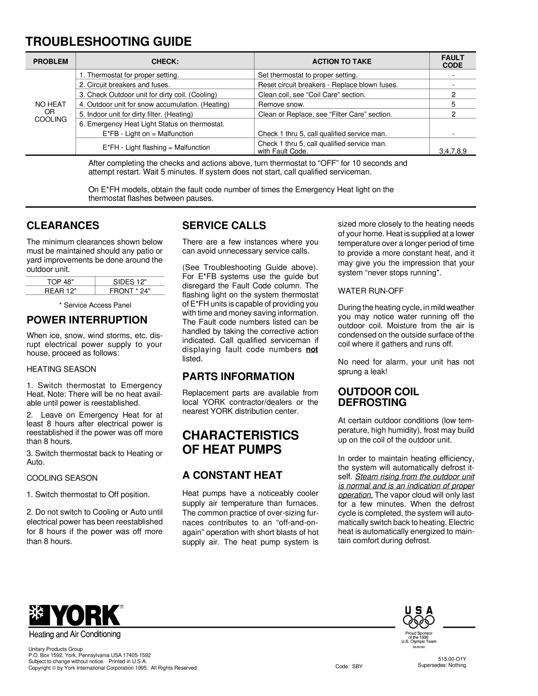 York 035-09319 manual Troubleshooting Guide, Characteristics of Heat Pumps 