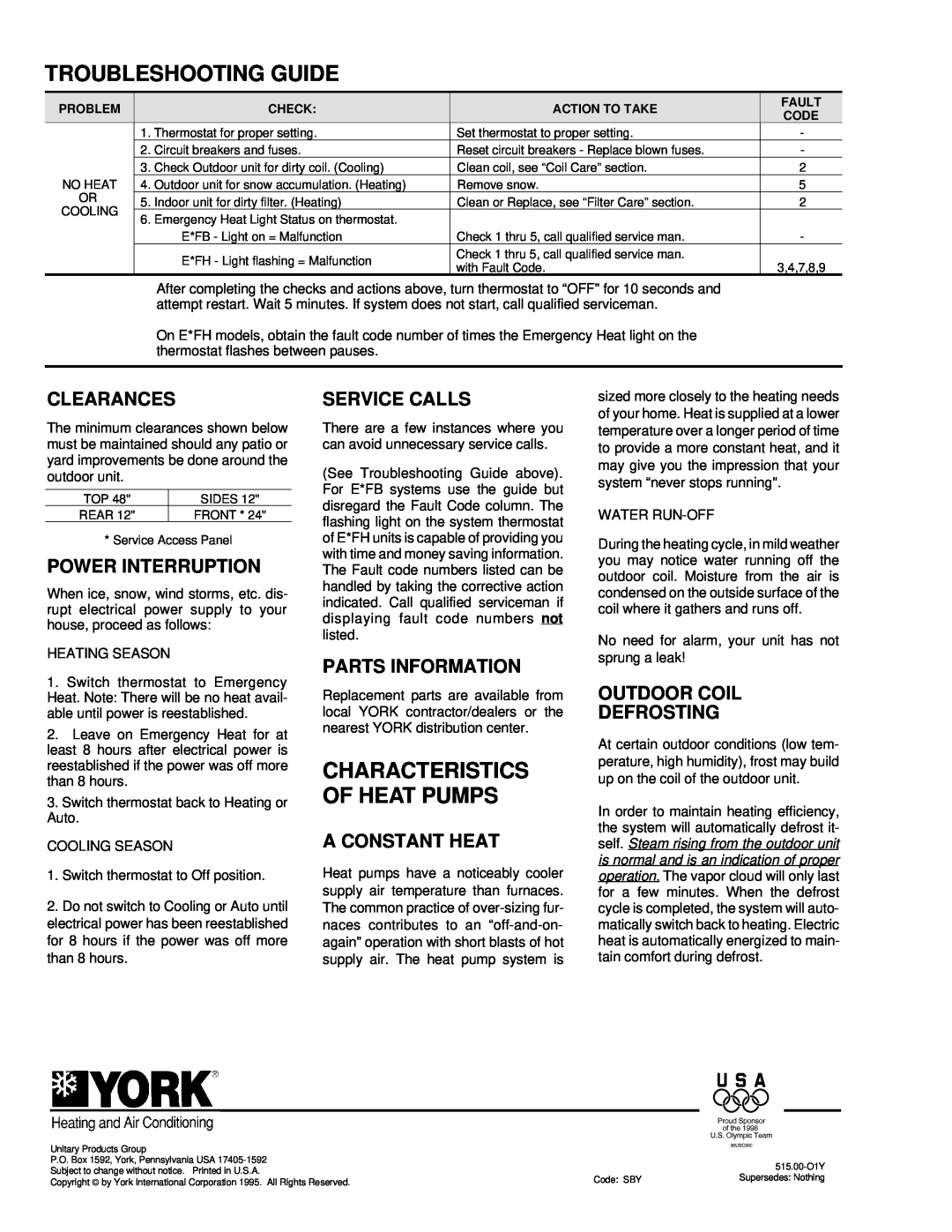 York 035-09319 manual Troubleshooting Guide, Characteristics Of Heat Pumps, Clearances, Power Interruption, Service Calls 