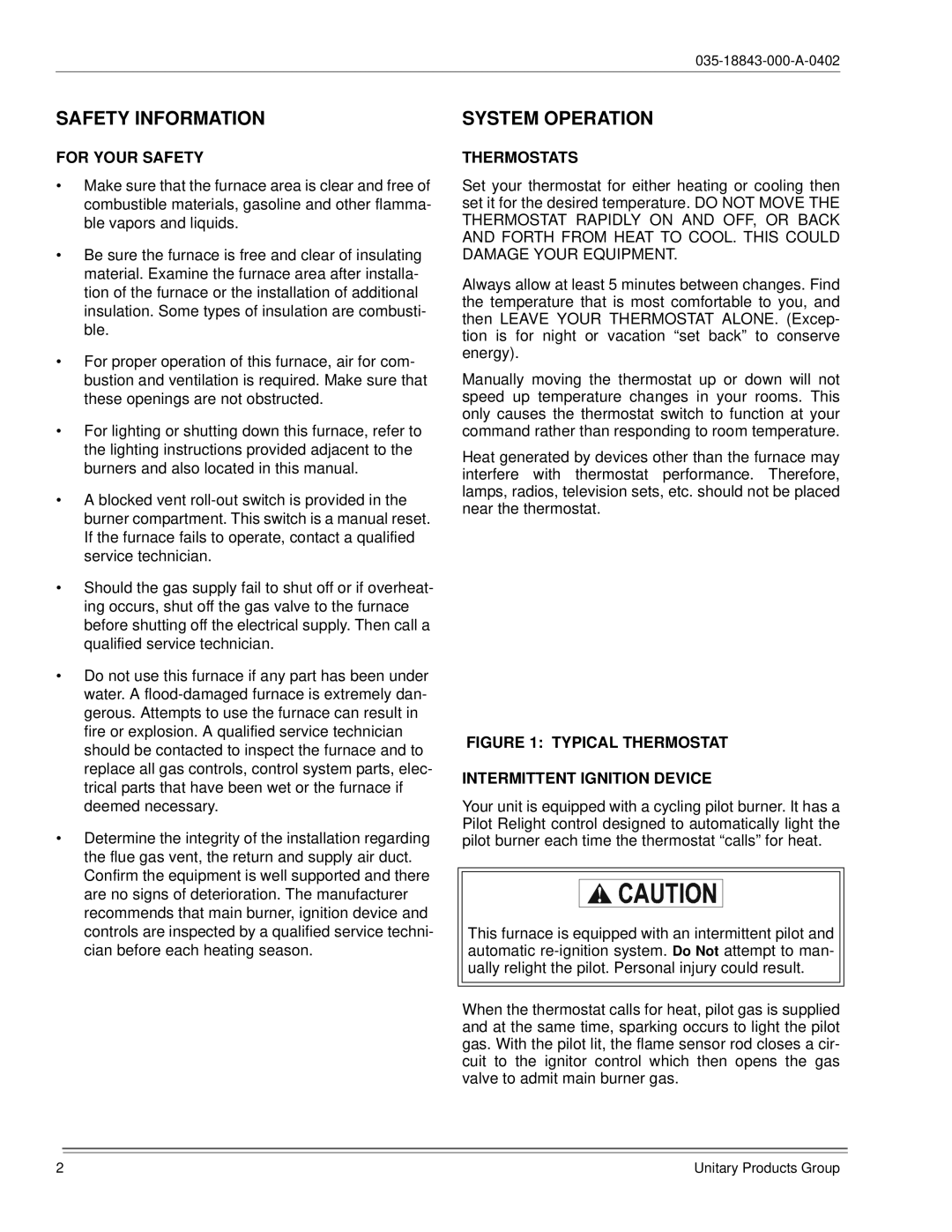 York 035-18843-000-a-0402 manual Safety Information, System Operation, For Your Safety, Thermostats 