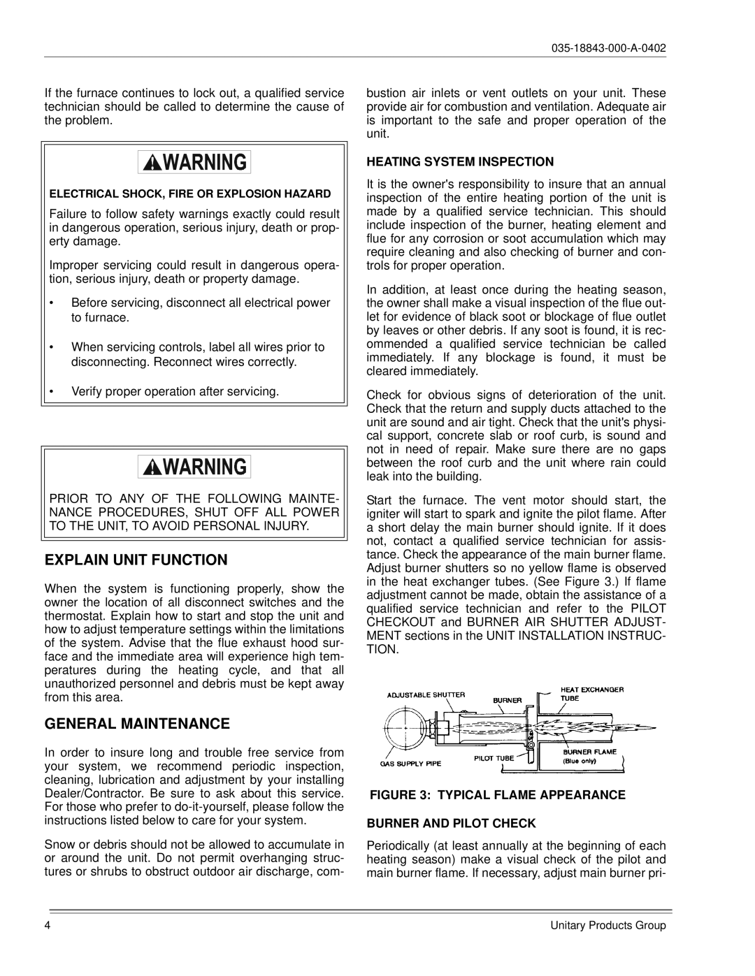 York 035-18843-000-a-0402 manual Explain Unit Function, General Maintenance, Heating System Inspection 