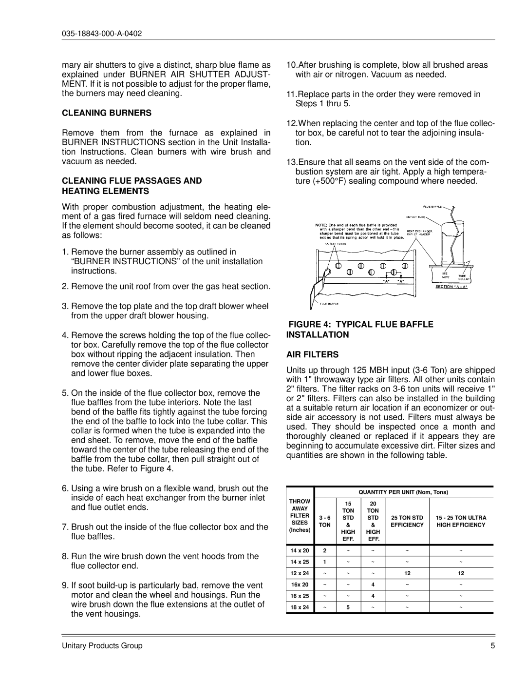 York 035-18843-000-a-0402 manual Cleaning Burners, Cleaning Flue Passages Heating Elements 