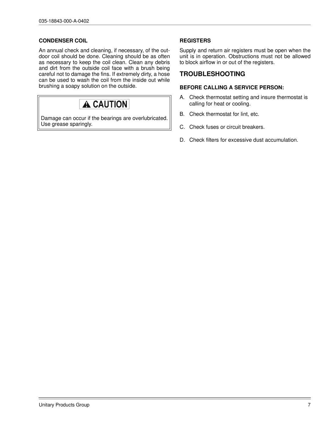 York 035-18843-000-a-0402 manual Troubleshooting, Condenser Coil, Registers, Before Calling a Service Person 