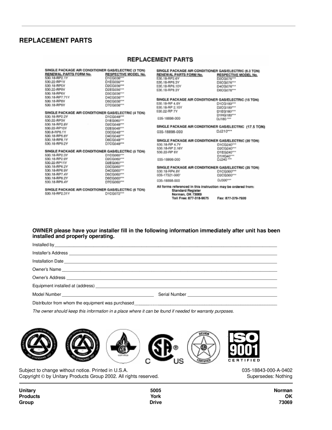 York 035-18843-000-a-0402 manual Replacement Parts 