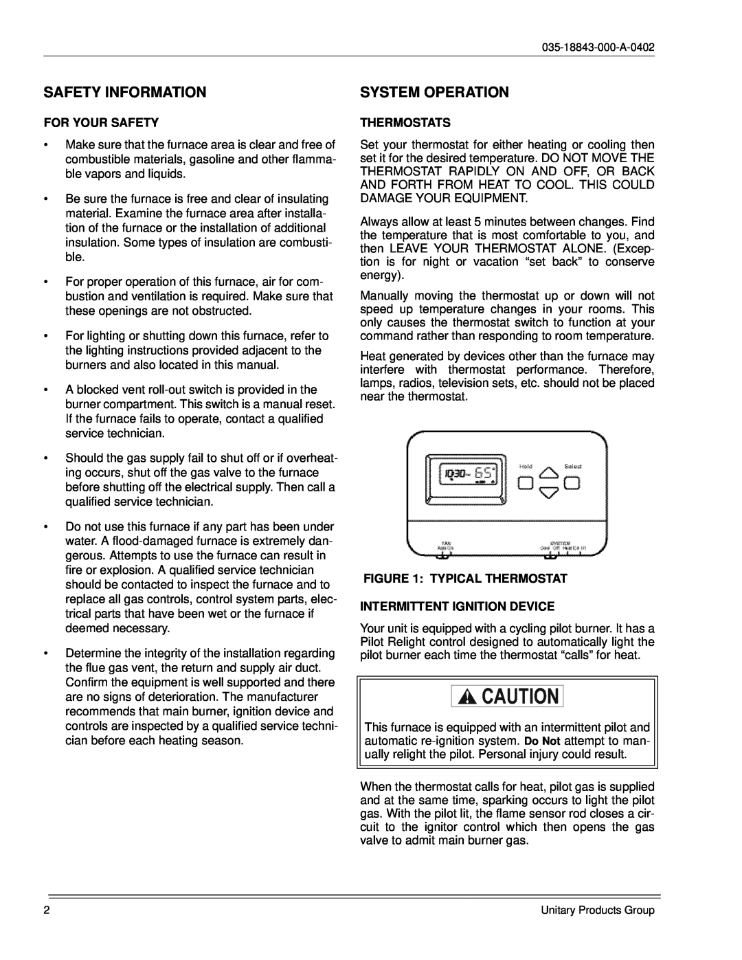 York 035-18843-000-a-0402 manual Safety Information, System Operation, For Your Safety, Thermostats, Typical Thermostat 