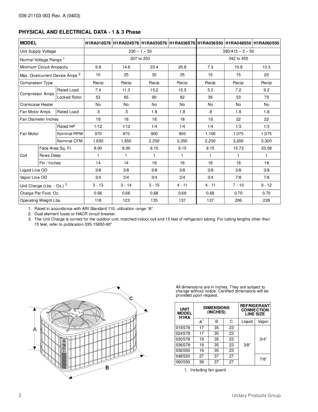 York 036-21103-003 specifications Physical and Electrical Data 1 & 3 Phase 