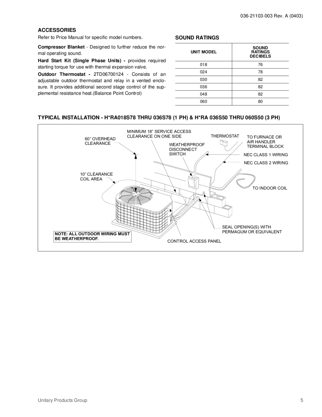 York 036-21103-003 specifications Accessories, Sound Ratings 