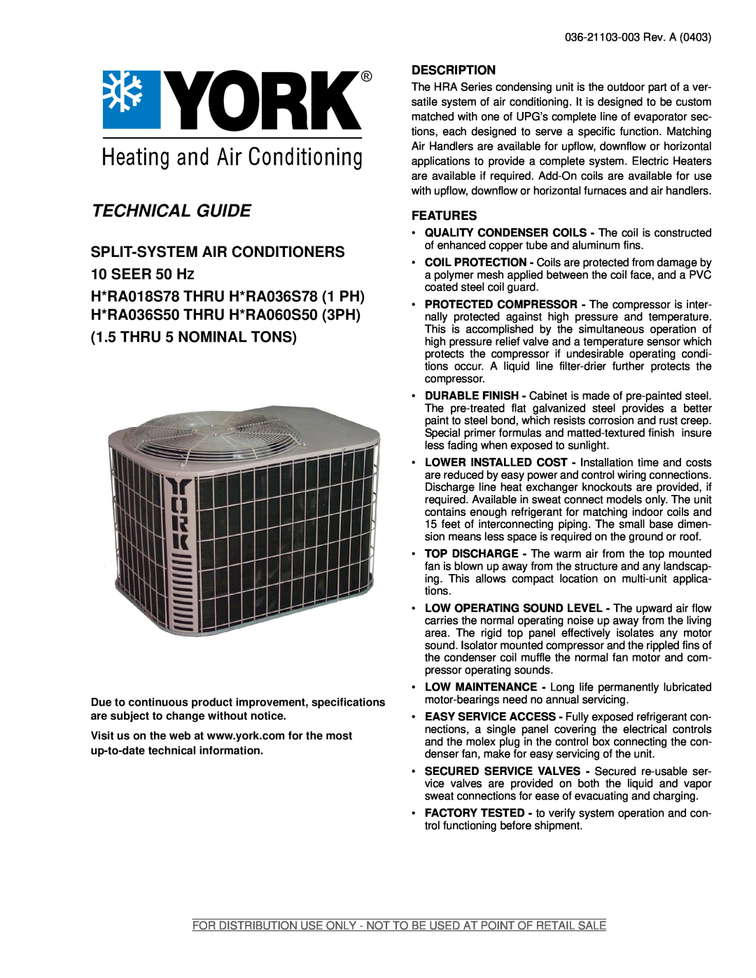 York 036-21103-003 specifications Description, Features, Technical Guide, SPLIT-SYSTEMAIR CONDITIONERS 10 SEER 50 HZ 