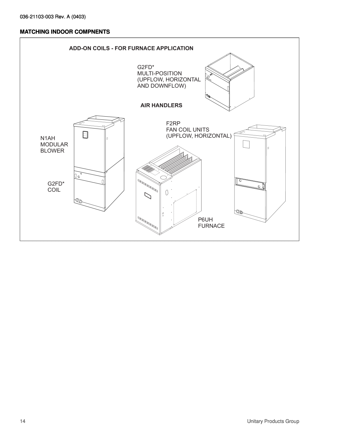 York 036-21103-003 specifications Matching Indoor Compnents, Add-Oncoils - For Furnace Application, Air Handlers 