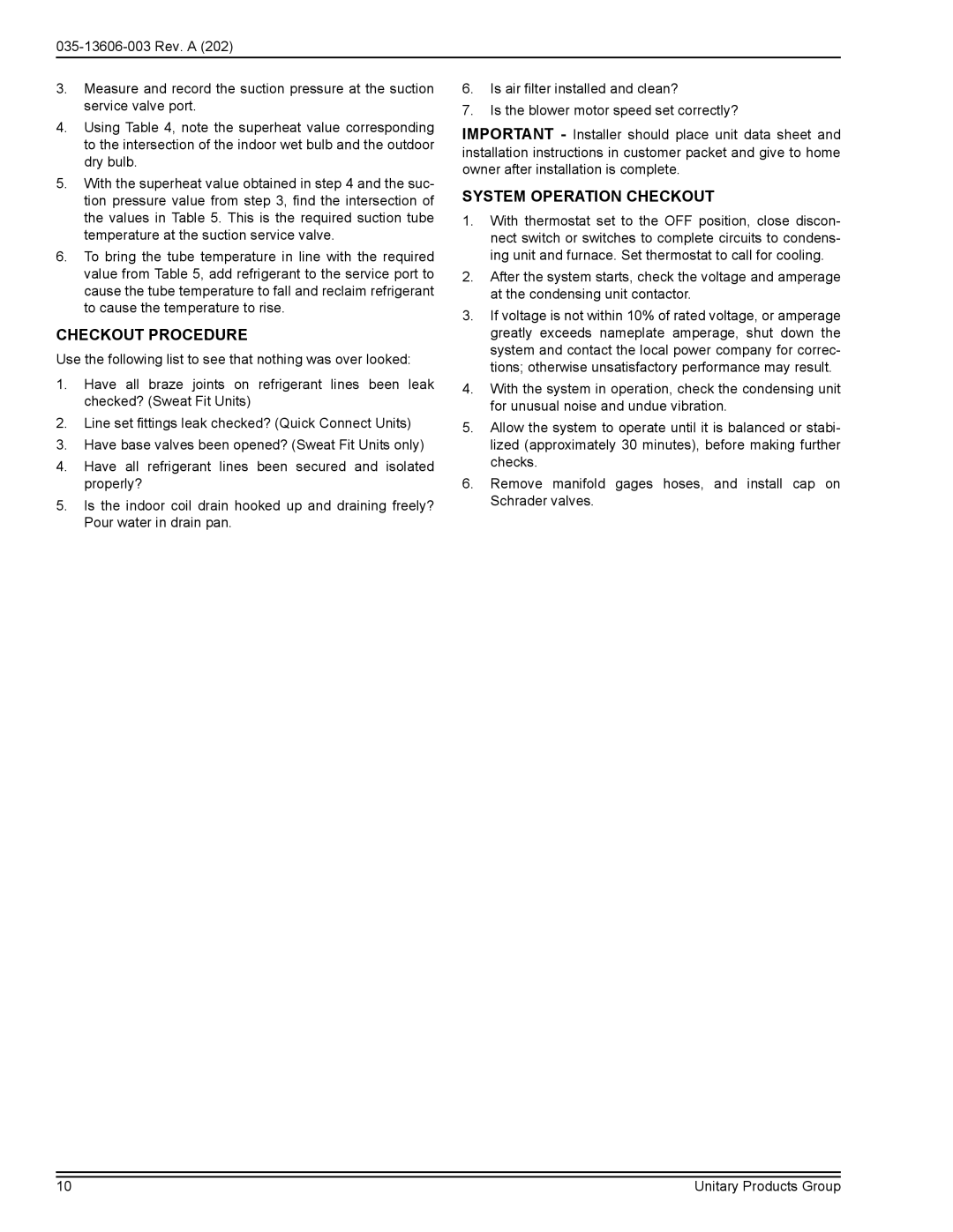 York 12, 10, 13 AND 14 SEER manual Checkout Procedure, System Operation Checkout 