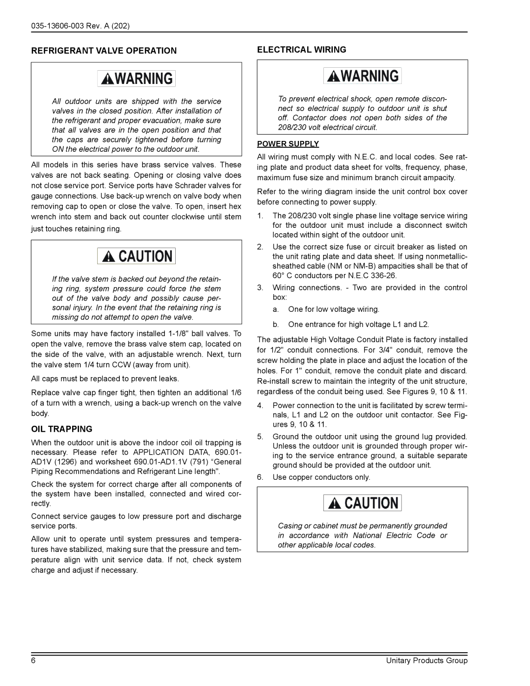 York 10, 12, 13 AND 14 SEER manual Refrigerant Valve Operation Electrical Wiring, OIL Trapping 