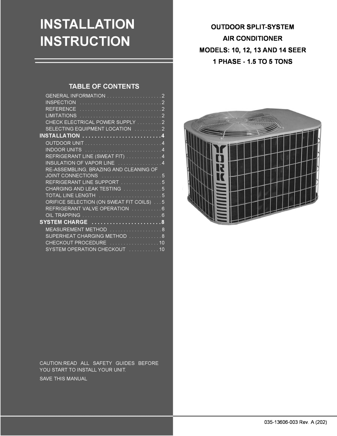 York manual Outdoor Split-System Air Conditioner, MODELS 10, 12, 13 AND 14 SEER, PHASE - 1.5 TO 5 TONS 