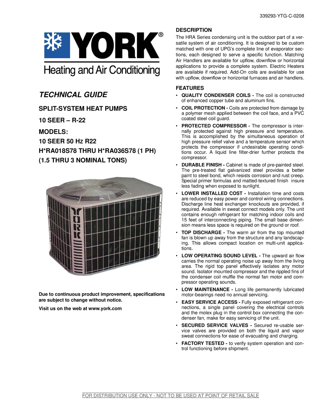 York 10 SEER 50HZ R22 specifications Description, Features 