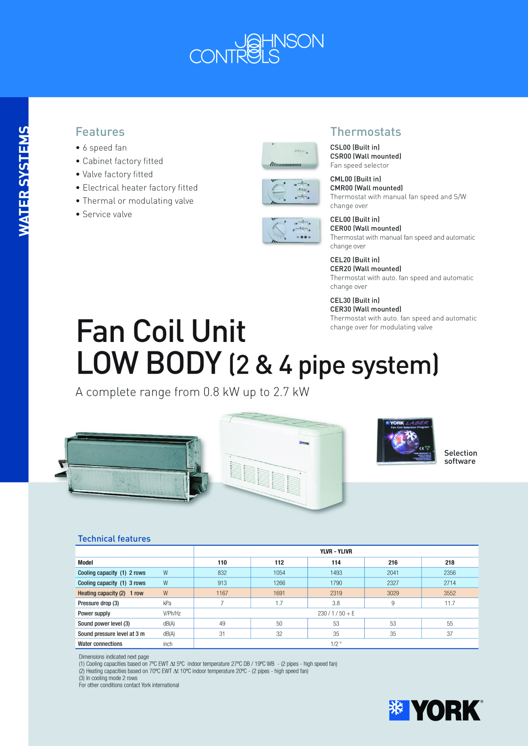 York 110 dimensions Water Systems, Technical features, Selection software, LOW BODY 2 & 4 pipe system, Features, speed fan 