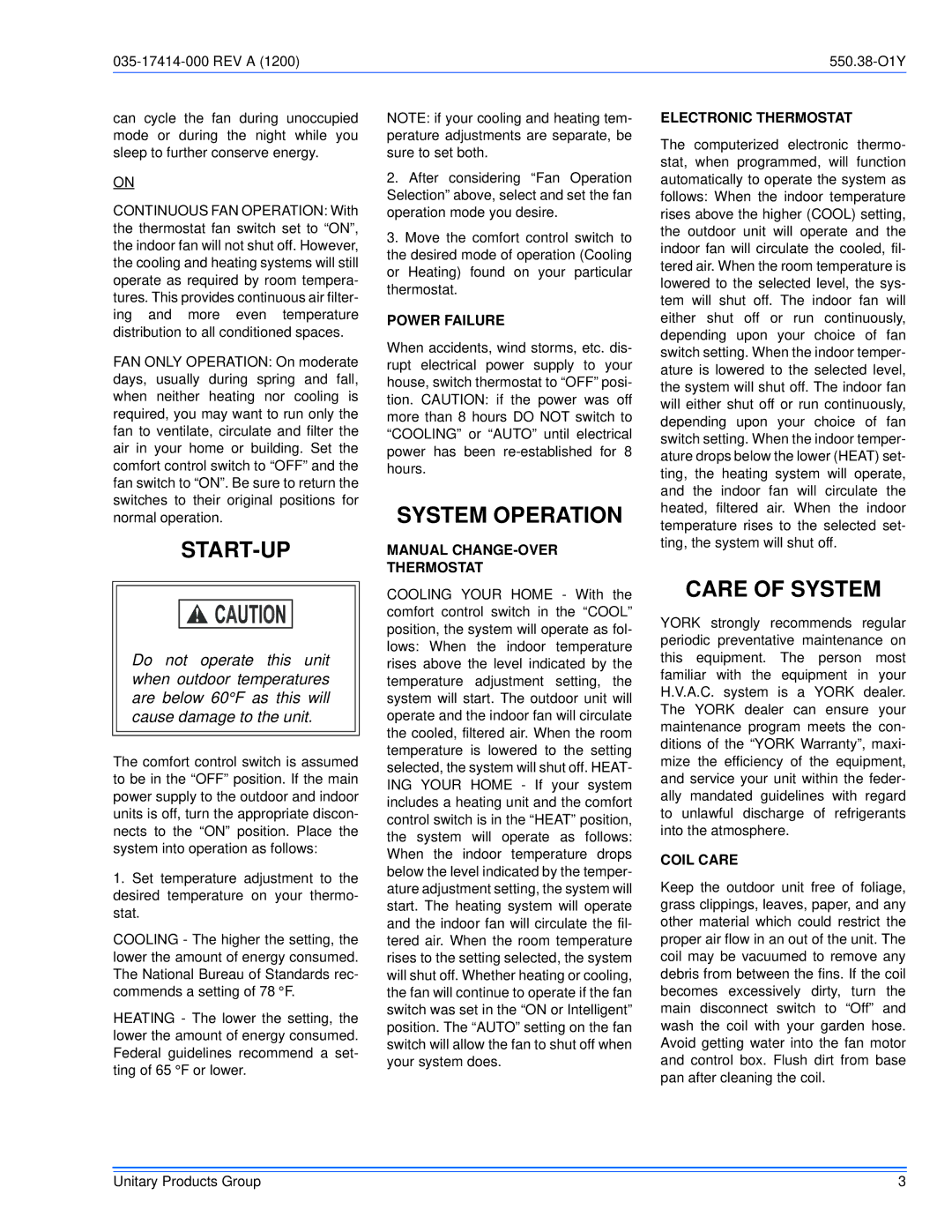 York 12 SEER H*AH024 - 60 owner manual Start-Up, System Operation, Care of System 