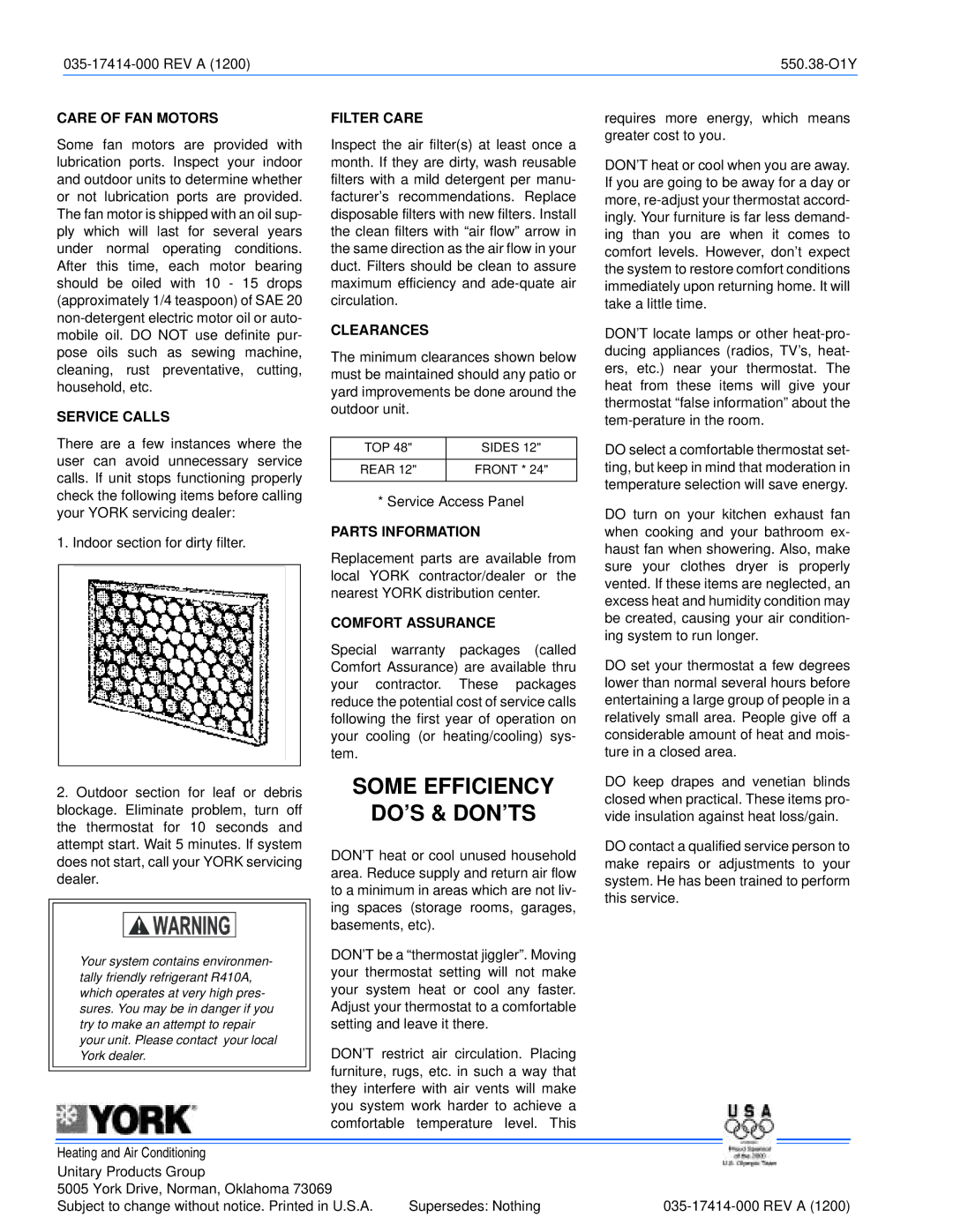 York 12 SEER H*AH024 - 60 owner manual Some Efficiency DO’S & DON’TS 