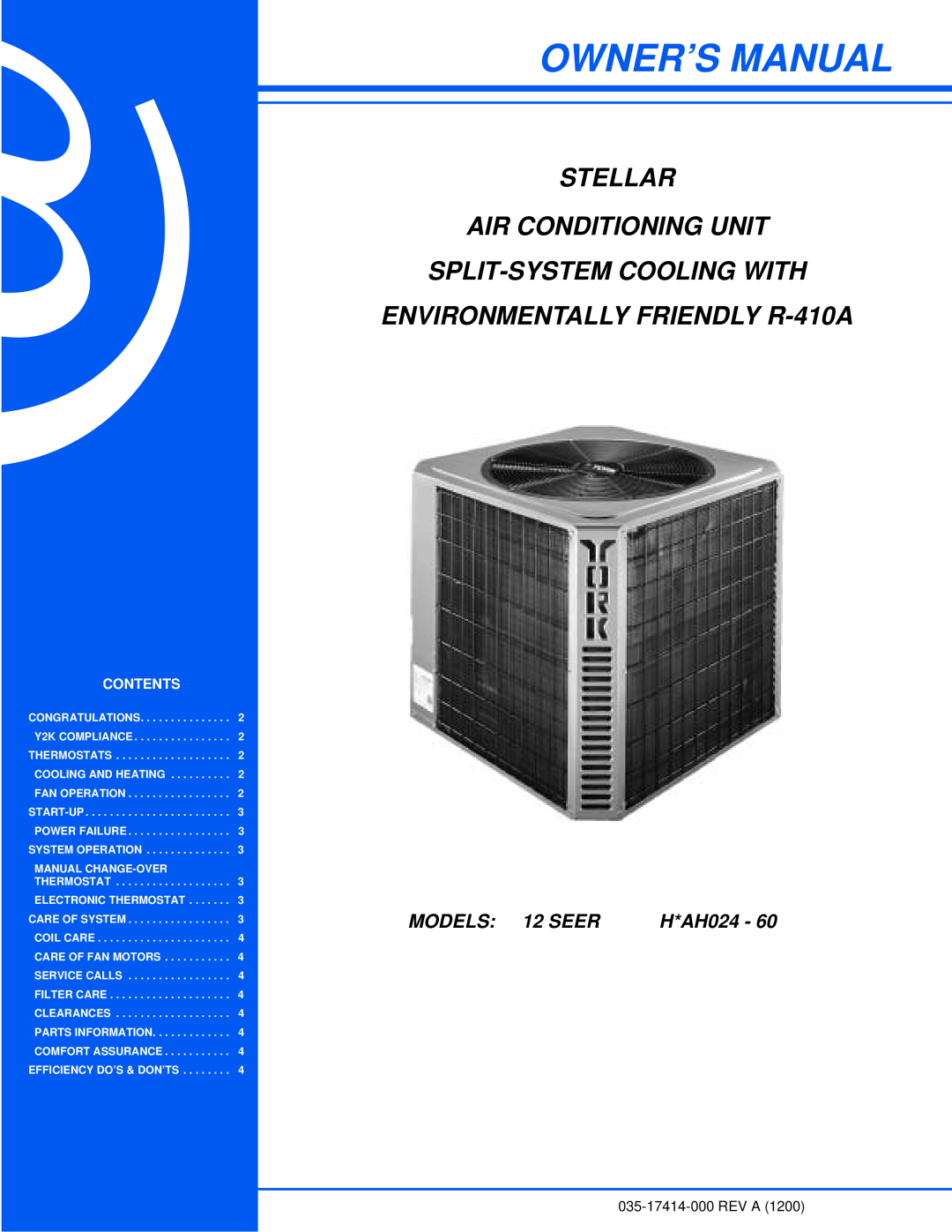 York 12 SEER H*AH024 - 60 owner manual Stellar Air Conditioning Unit, Split-Systemcooling With, MODELS 12 SEER, Contents 