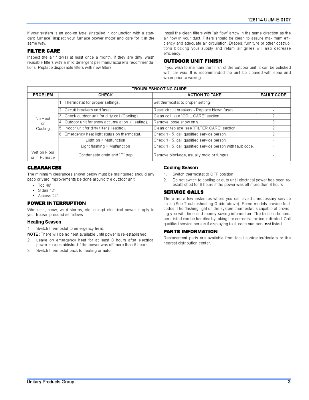 York 14 Series warranty Filter Care, Outdoor Unit Finish, Clearances, Power Interruption, Service Calls, Parts Information 