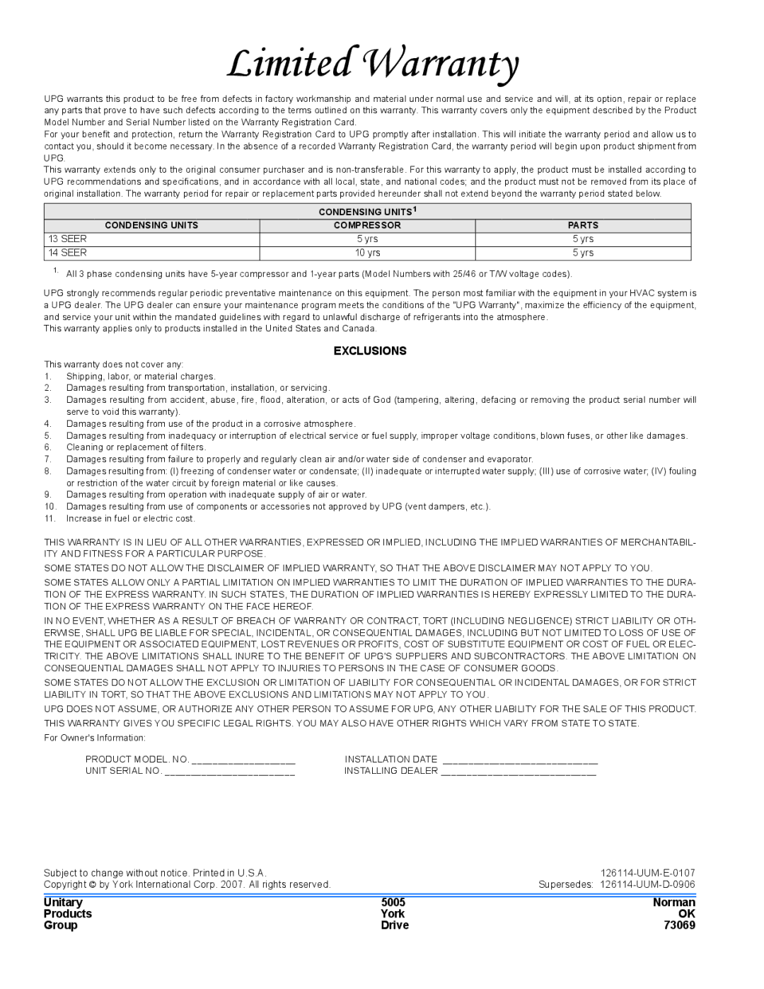 York 13 Series, 14 Series warranty Limited Warranty, Unitary 5005 Norman Products York Group Drive 73069 