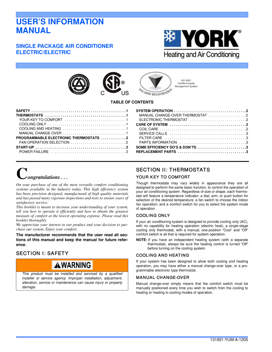 York 131001-YUM-A-1205 manual Section I Safety, Section II Thermostats 