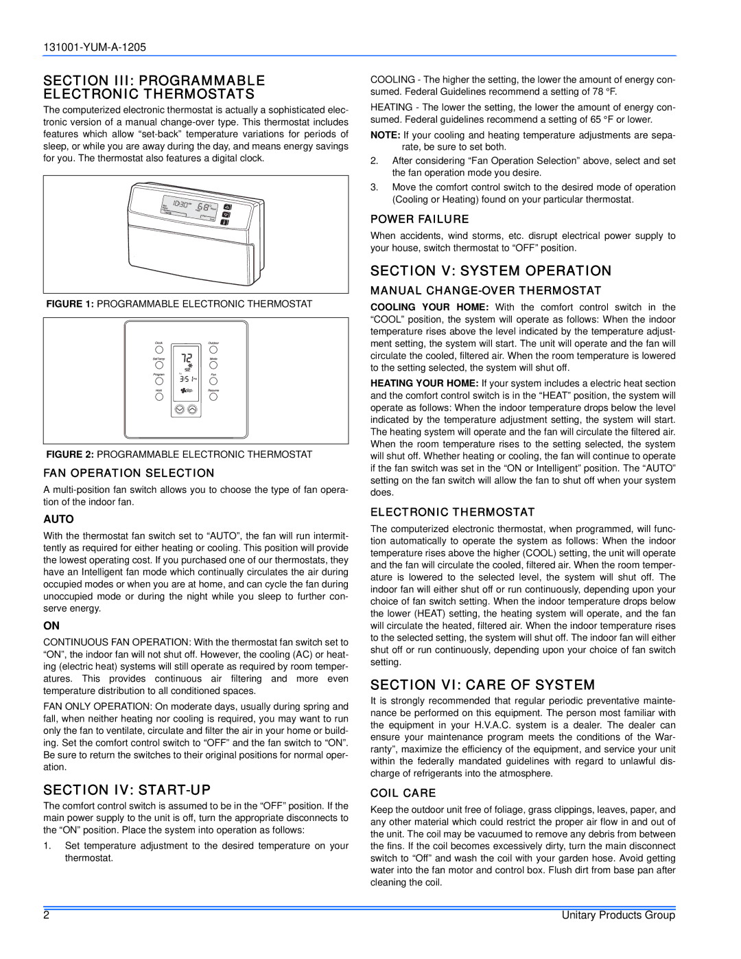 York 131001-YUM-A-1205 Section III Programmable Electronic Thermostats, Section IV START-UP, Section V System Operation 