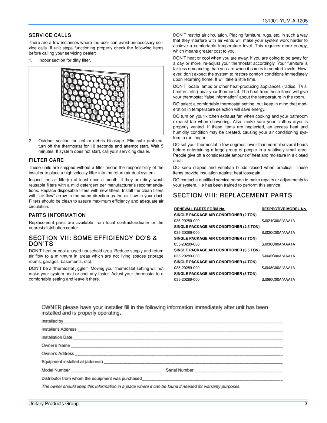 York 131001-YUM-A-1205 manual Section VII Some Efficiency DO’S & DON’TS, Section Viii Replacement Parts, Service Calls 