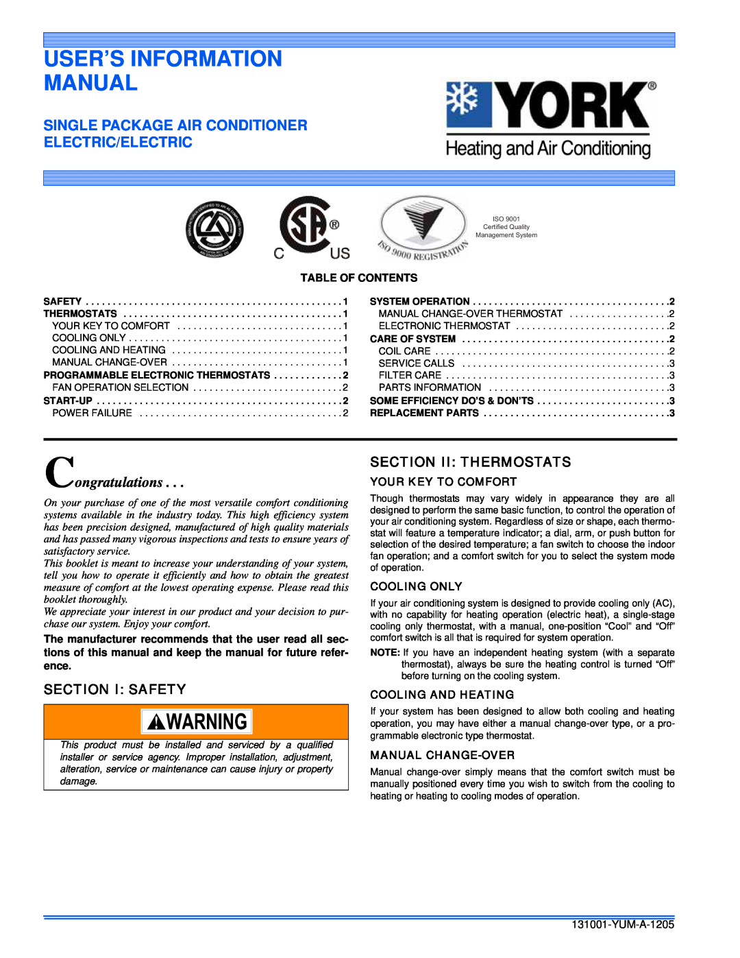 York 131001-YUM-A-1205 manual Section I Safety, Section Ii Thermostats, Table Of Contents, Your Key To Comfort 