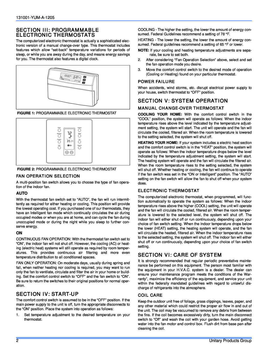 York 131001-YUM-A-1205 Section Iii Programmable Electronic Thermostats, Section Iv Start-Up, Section V System Operation 
