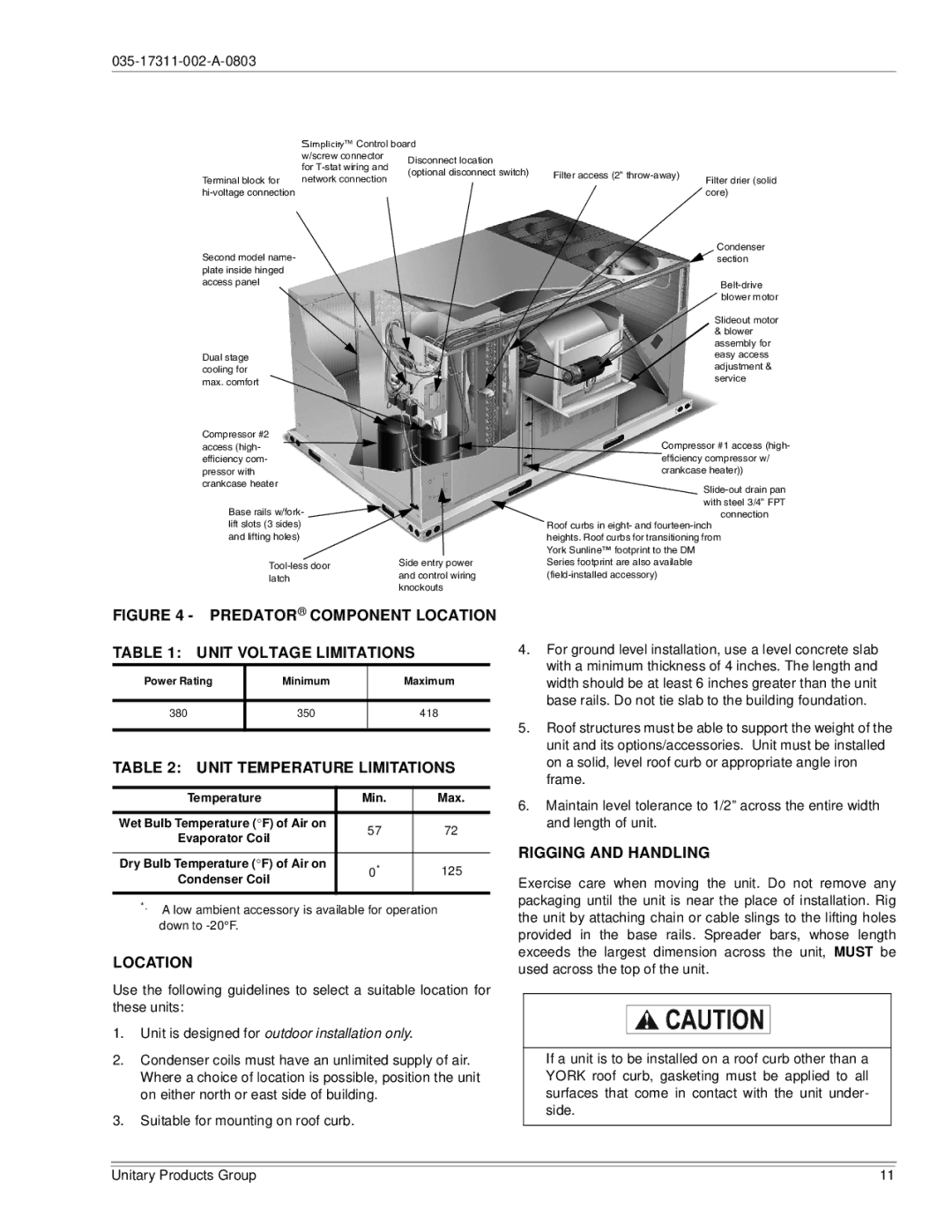 York 120, 150 installation manual Unit Temperature Limitations, Location, Rigging and Handling 