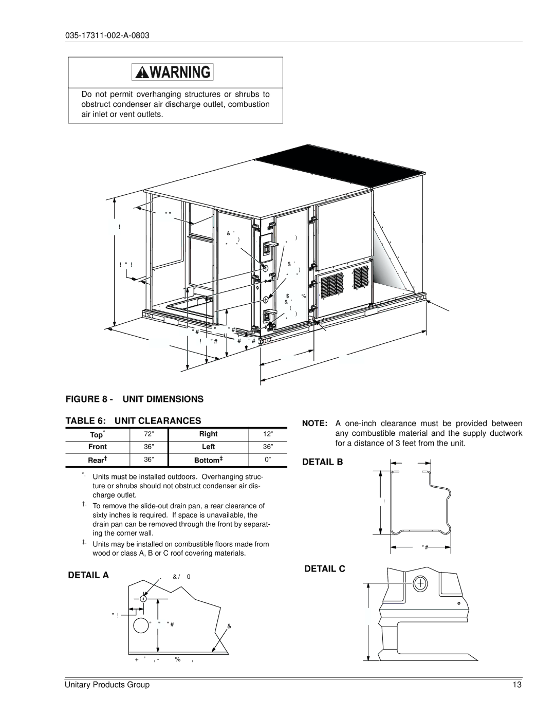 York 120, 150 installation manual Unit Dimensions Unit Clearances, Detail C 