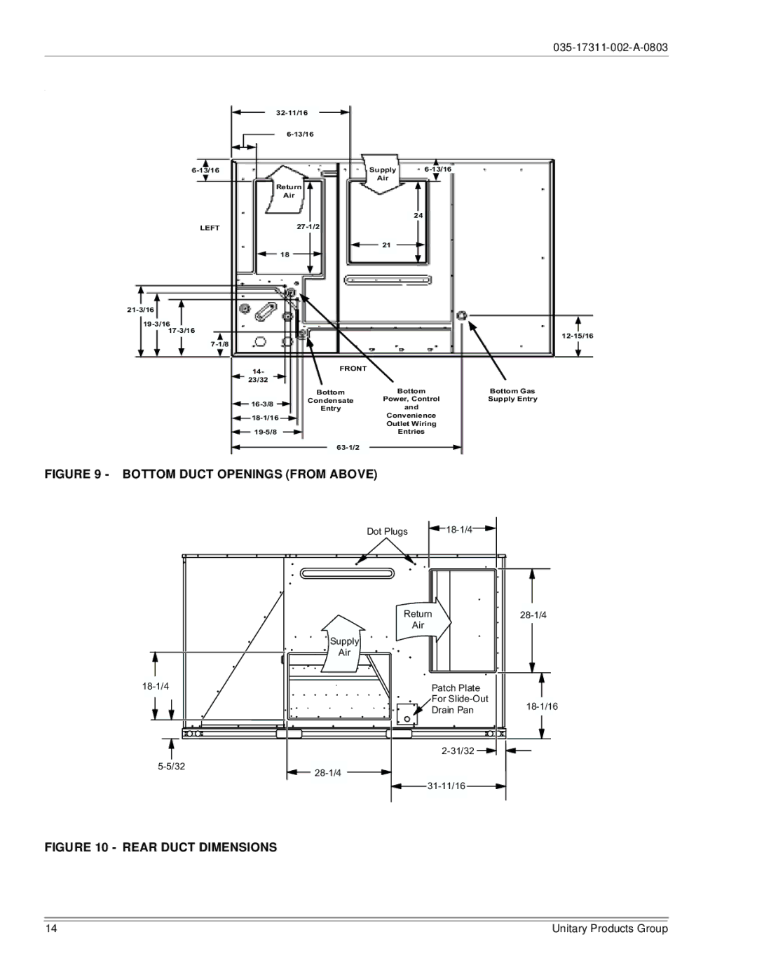 York 150, 120 installation manual Bottom Duct Openings from Above 