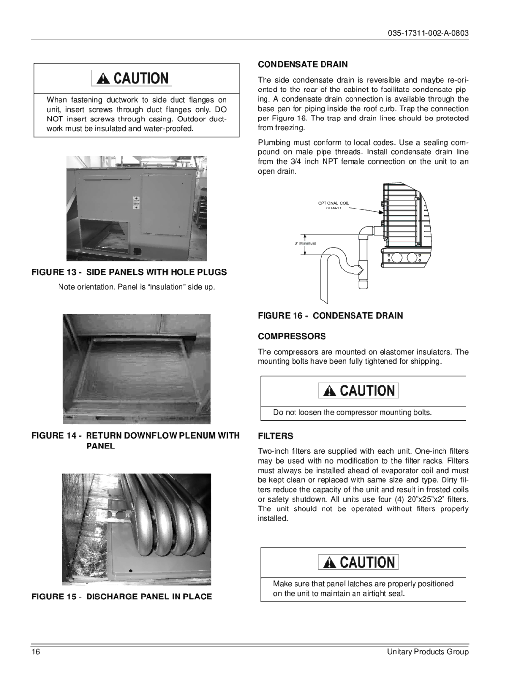 York 150, 120 installation manual Side Panels with Hole Plugs Condensate Drain 