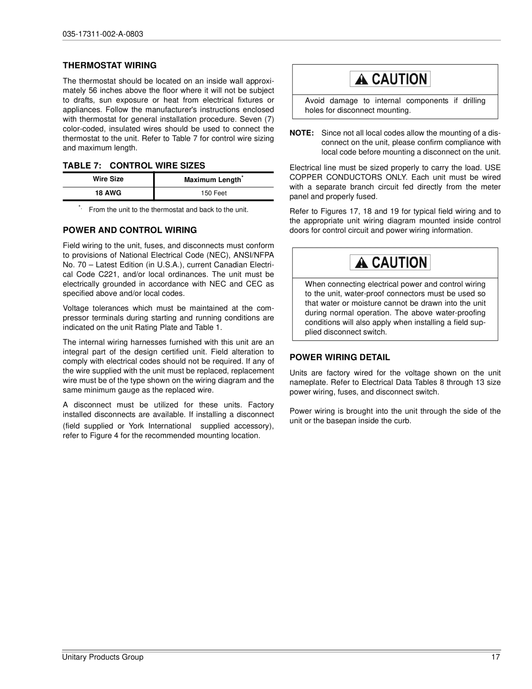 York 120, 150 installation manual Thermostat Wiring, Control Wire Sizes, Power and Control Wiring, Power Wiring Detail 