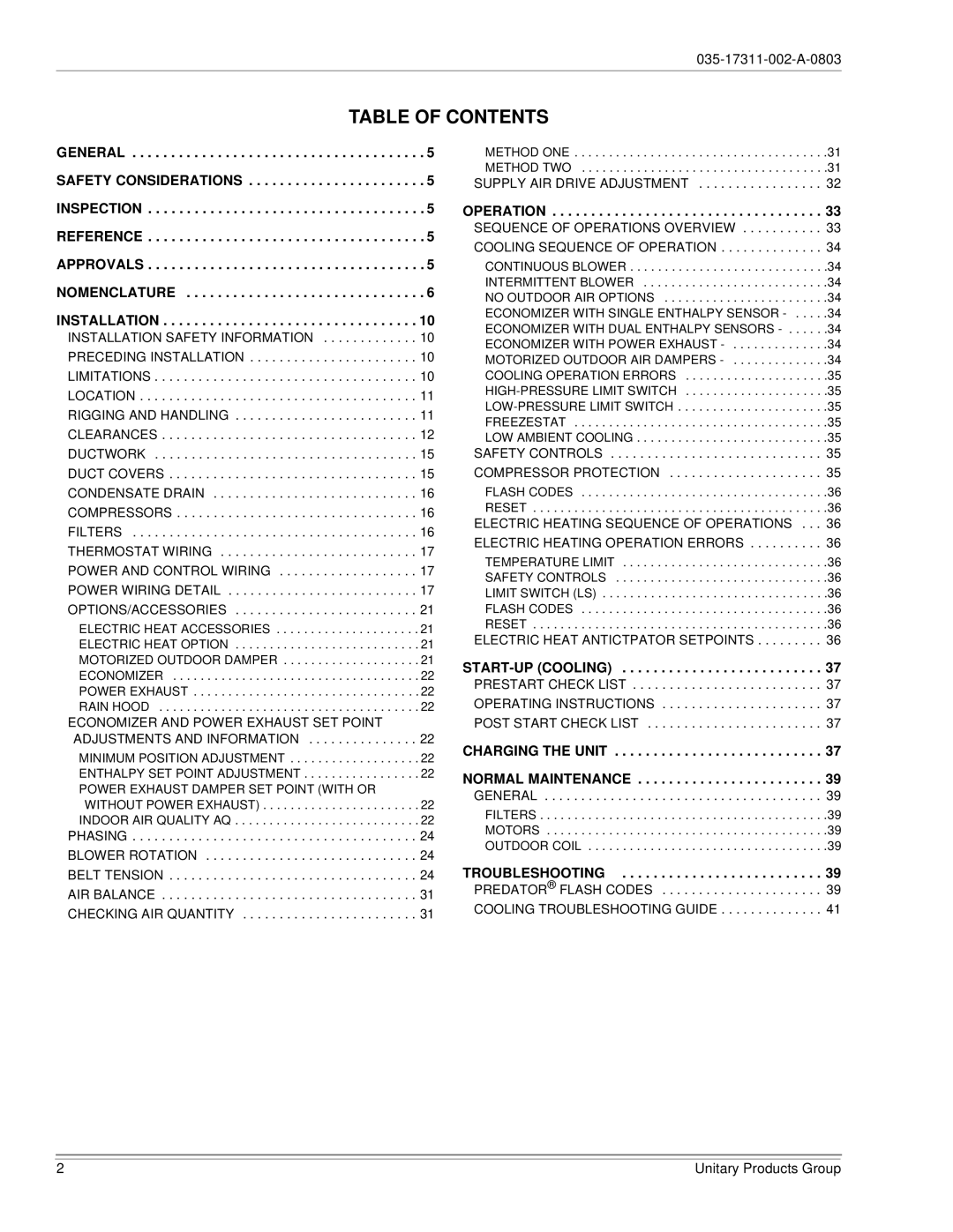 York 150, 120 installation manual Table of Contents 