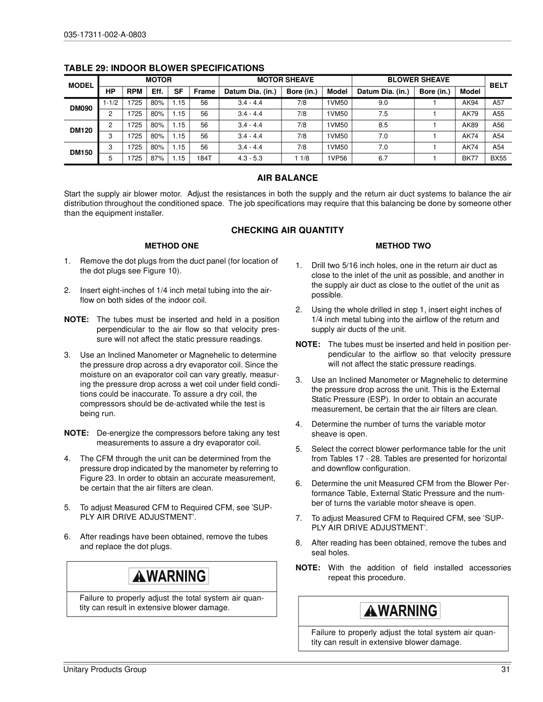 York 120, 150 installation manual Indoor Blower Specifications, AIR Balance, Checking AIR Quantity, Method ONE Method TWO 