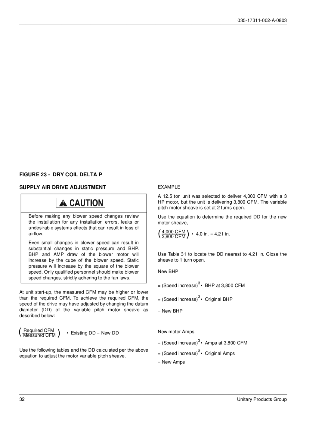 York 150, 120 installation manual DRY Coil Delta P Supply AIR Drive Adjustment 