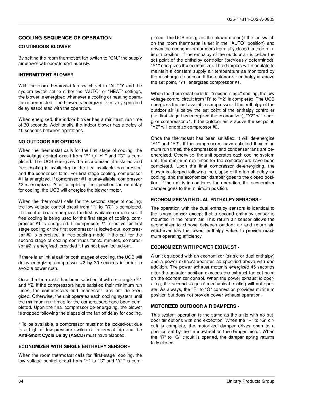 York 150, 120 installation manual Cooling Sequence of Operation 