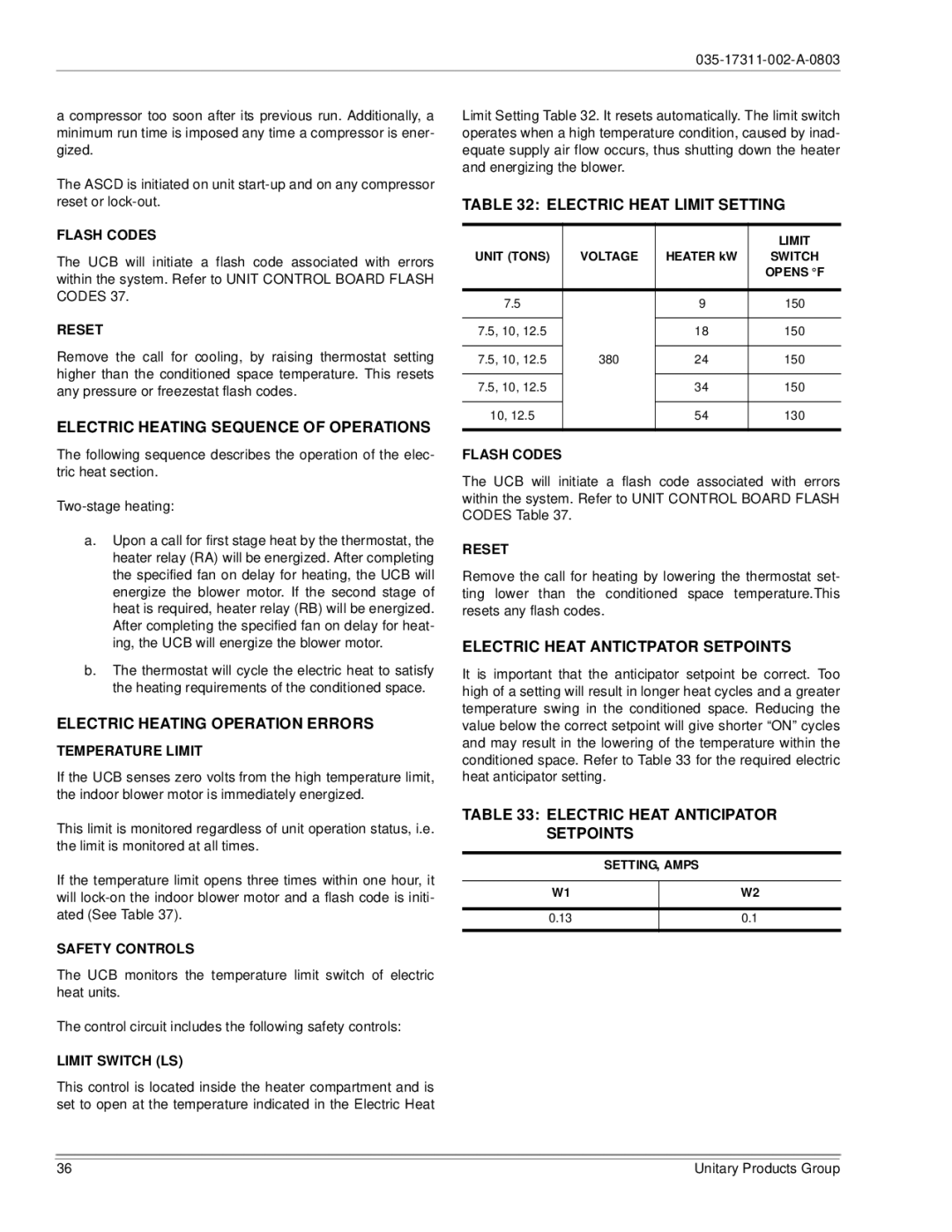 York 150, 120 Electric Heating Sequence of Operations, Electric Heating Operation Errors, Electric Heat Limit Setting 