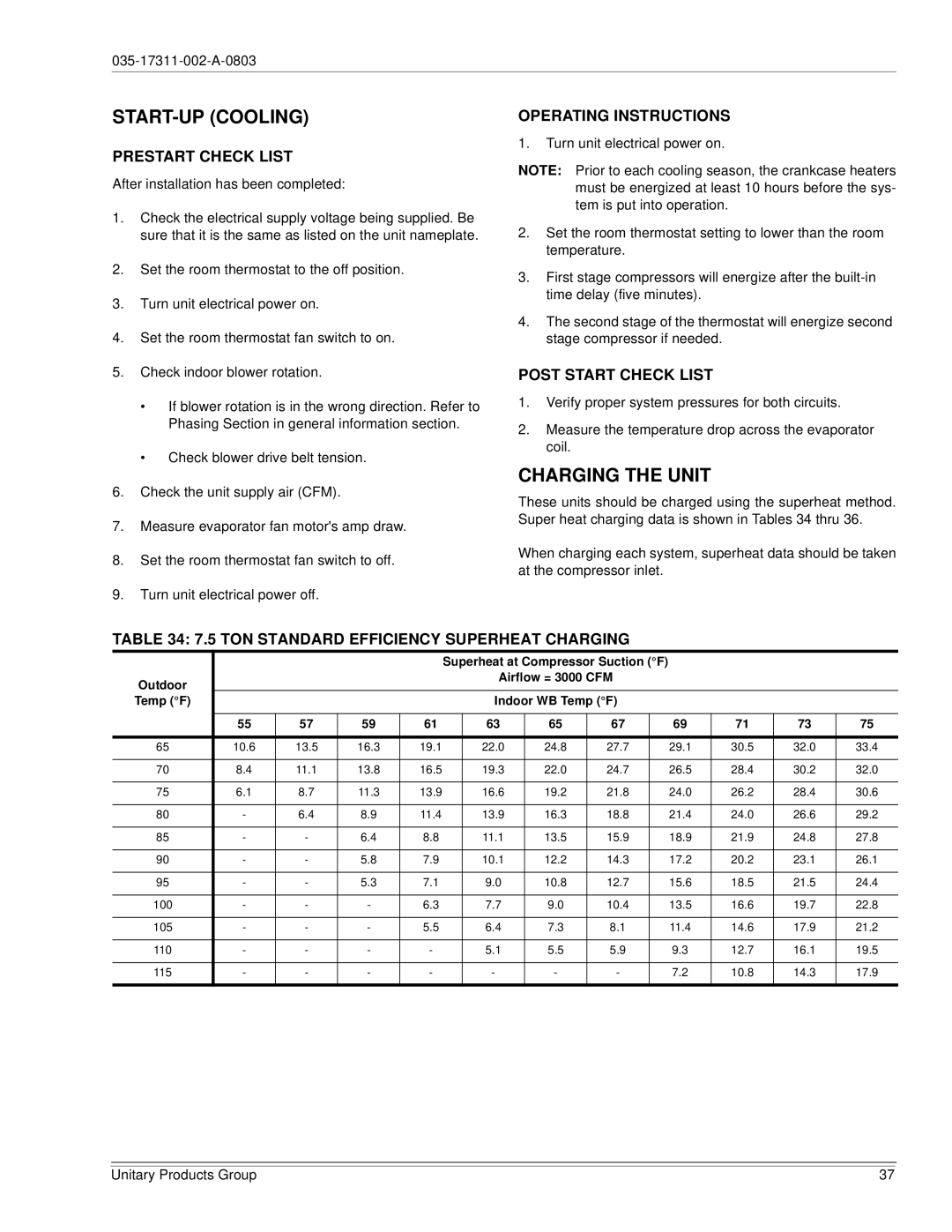 York 120, 150 installation manual START-UP Cooling, Charging the Unit 