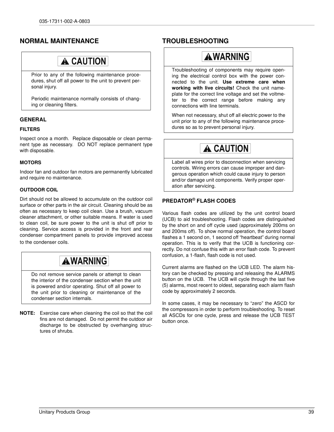 York 120, 150 installation manual Normal Maintenance Troubleshooting, General, Predator Flash Codes 