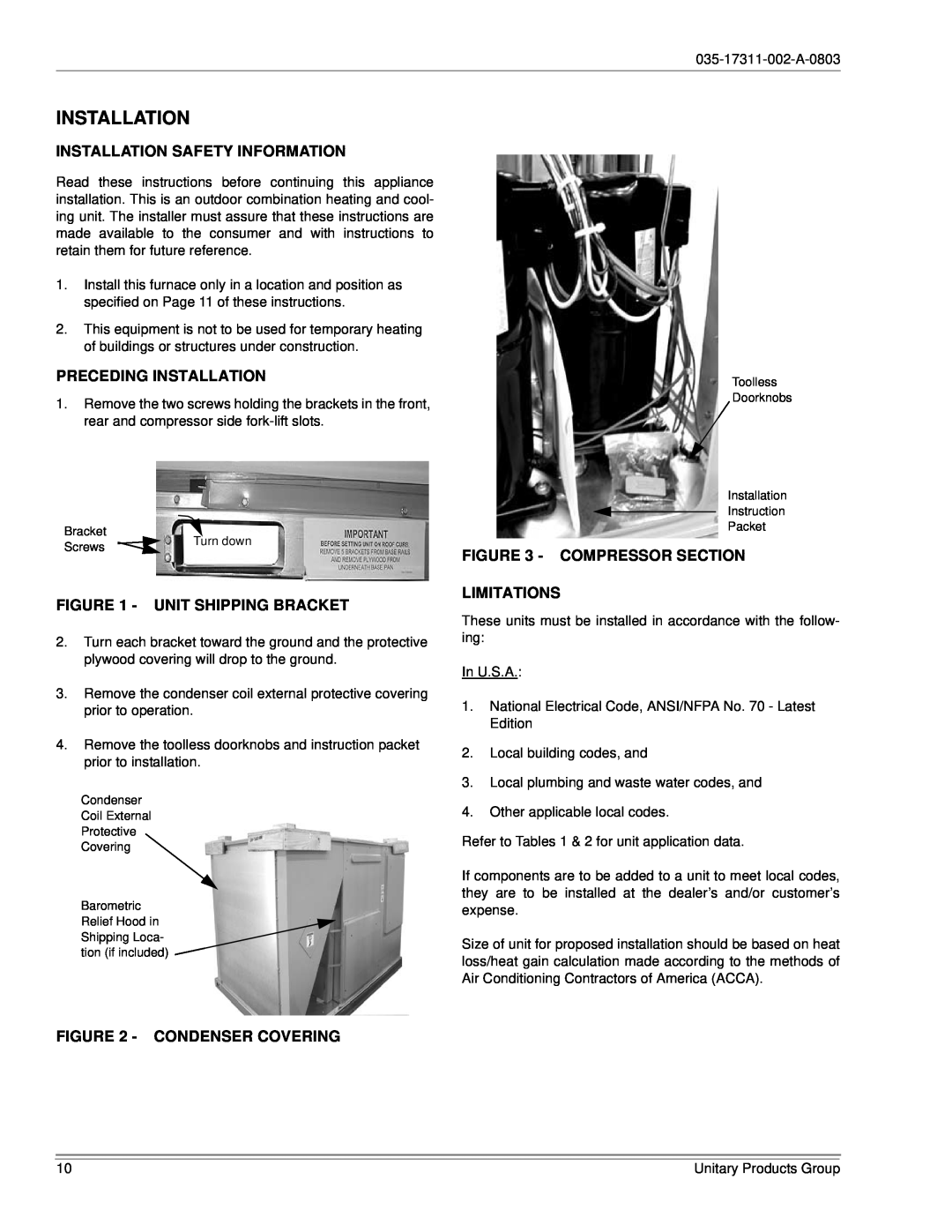 York 150, 120 Installation Safety Information, Preceding Installation, Unit Shipping Bracket, Condenser Covering 