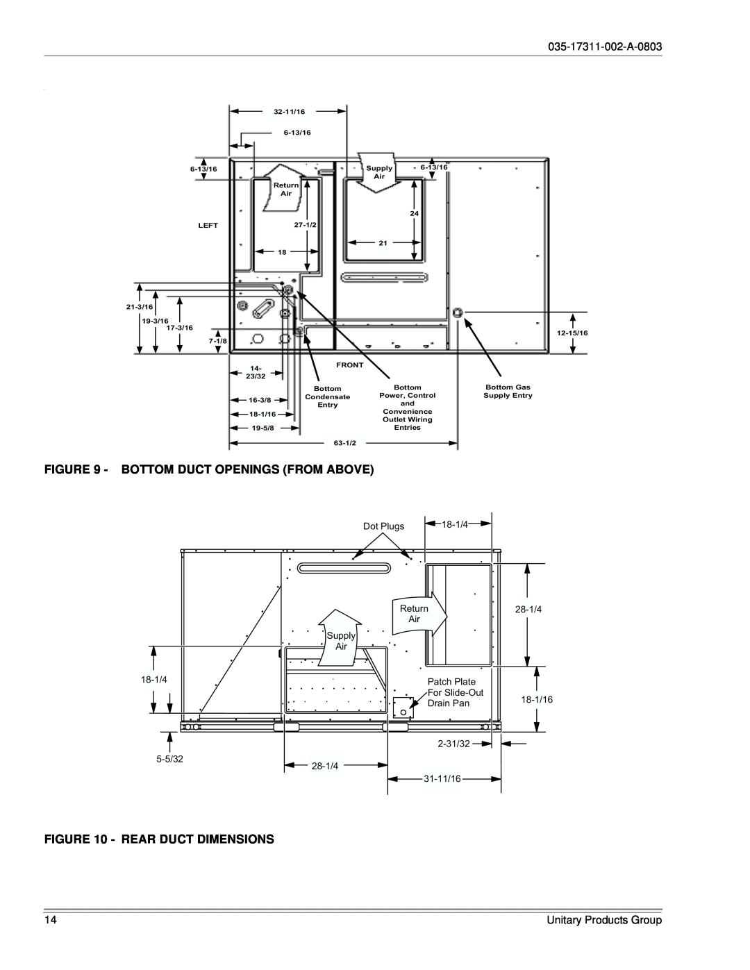 York 150, 120 installation manual Bottom Duct Openings From Above, Rear Duct Dimensions, 035-17311-002-A-0803 