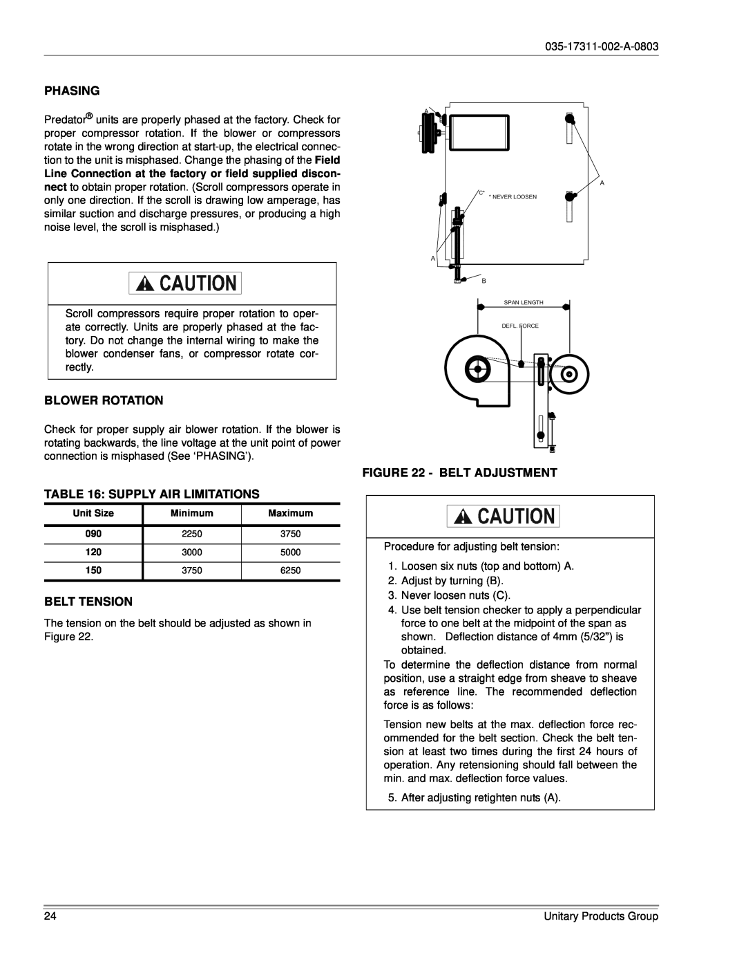 York 150, 120 installation manual Phasing, Blower Rotation, Supply Air Limitations, Belt Tension, Belt Adjustment 