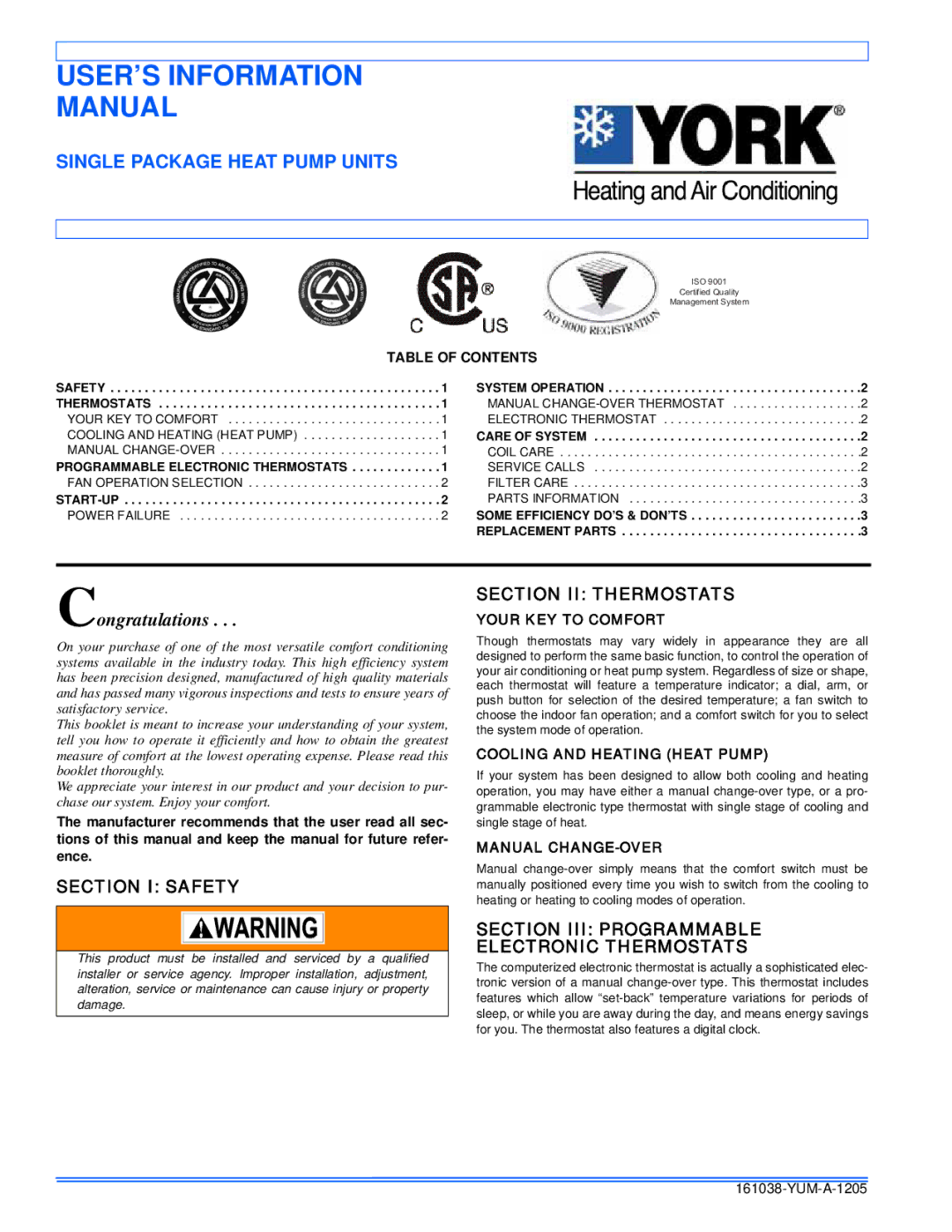 York 161038-YUM-A-1205 manual Section I Safety, Section II Thermostats, Section III Programmable Electronic Thermostats 