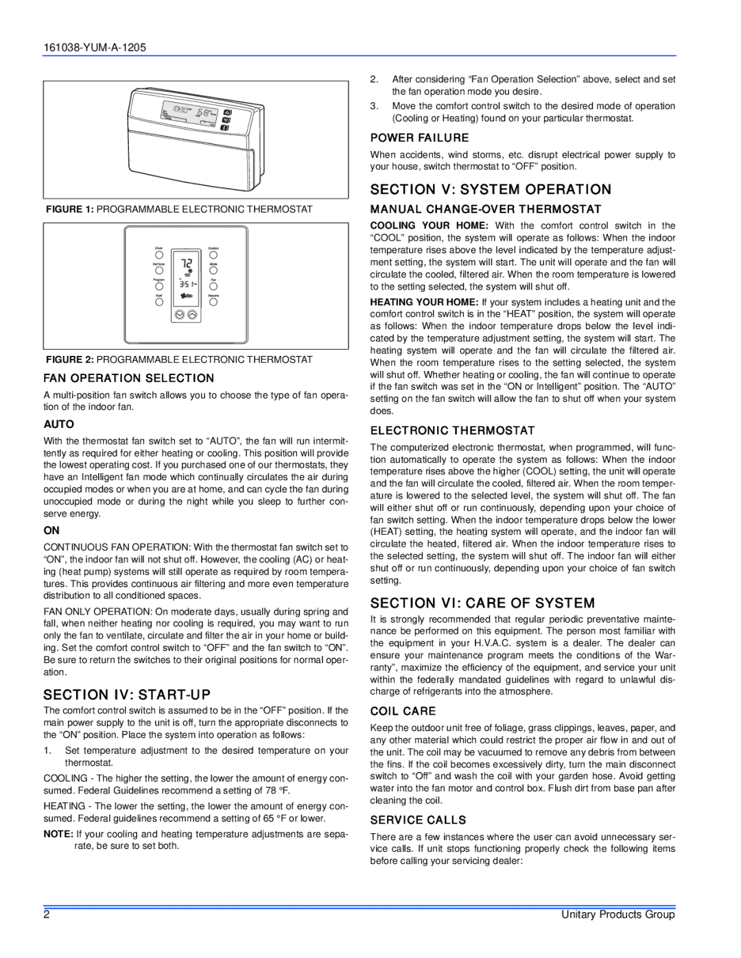 York 161038-YUM-A-1205 manual Section V System Operation, Section IV START-UP, Section VI Care of System 