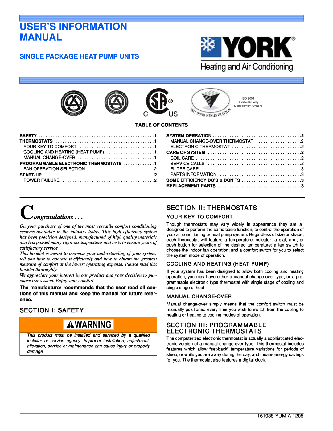 York 161038-YUM-A-1205 manual Section I Safety, Section Ii Thermostats, Section Iii: Programmable Electronic Thermostats 
