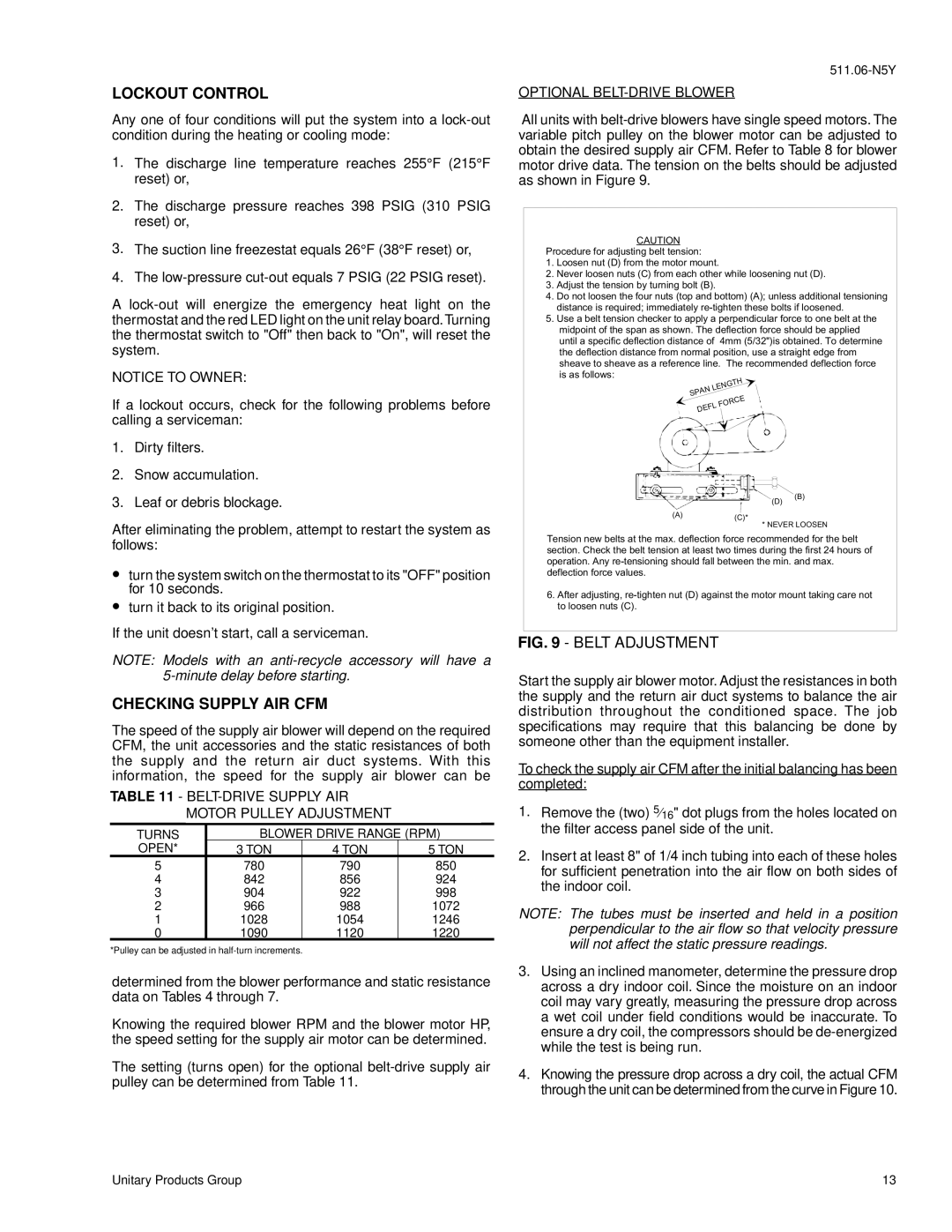 York 2000 installation instructions Lockout Control, Checking Supply AIR CFM, Turns Blower Drive Range RPM Open TON 