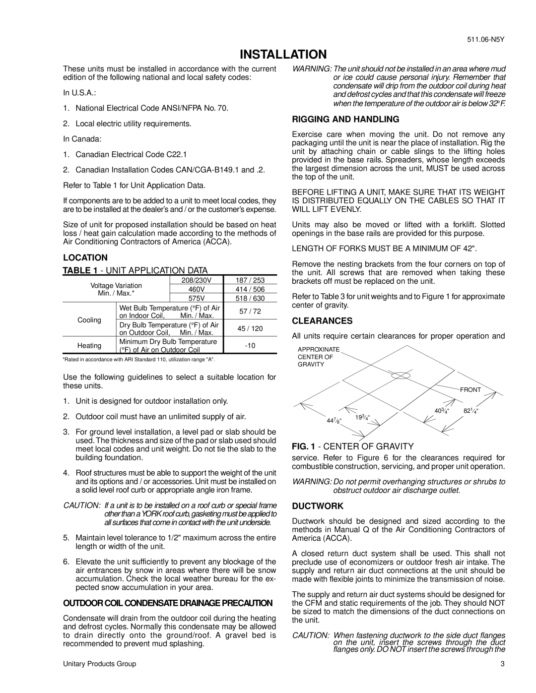 York 2000 installation instructions Installation, Rigging and Handling, Location, Clearances, Ductwork 