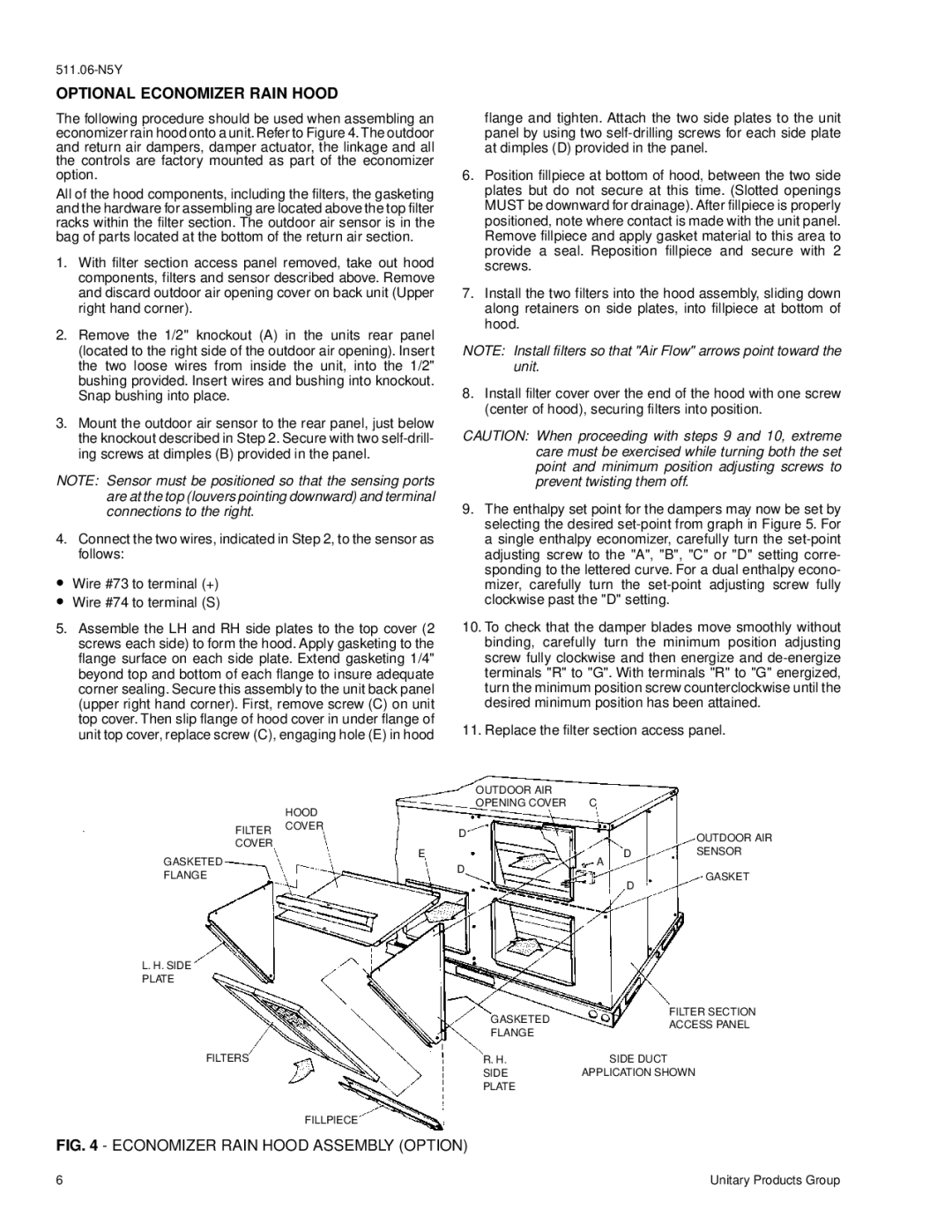 York 2000 installation instructions Optional Economizer Rain Hood, Economizer Rain Hood Assembly Option 